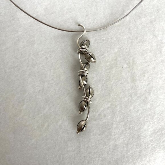 VTG Sterling Silver 925 Hand-wrought Modernist Beaded Floral Acorn Wire Necklace - Picture 4 of 16